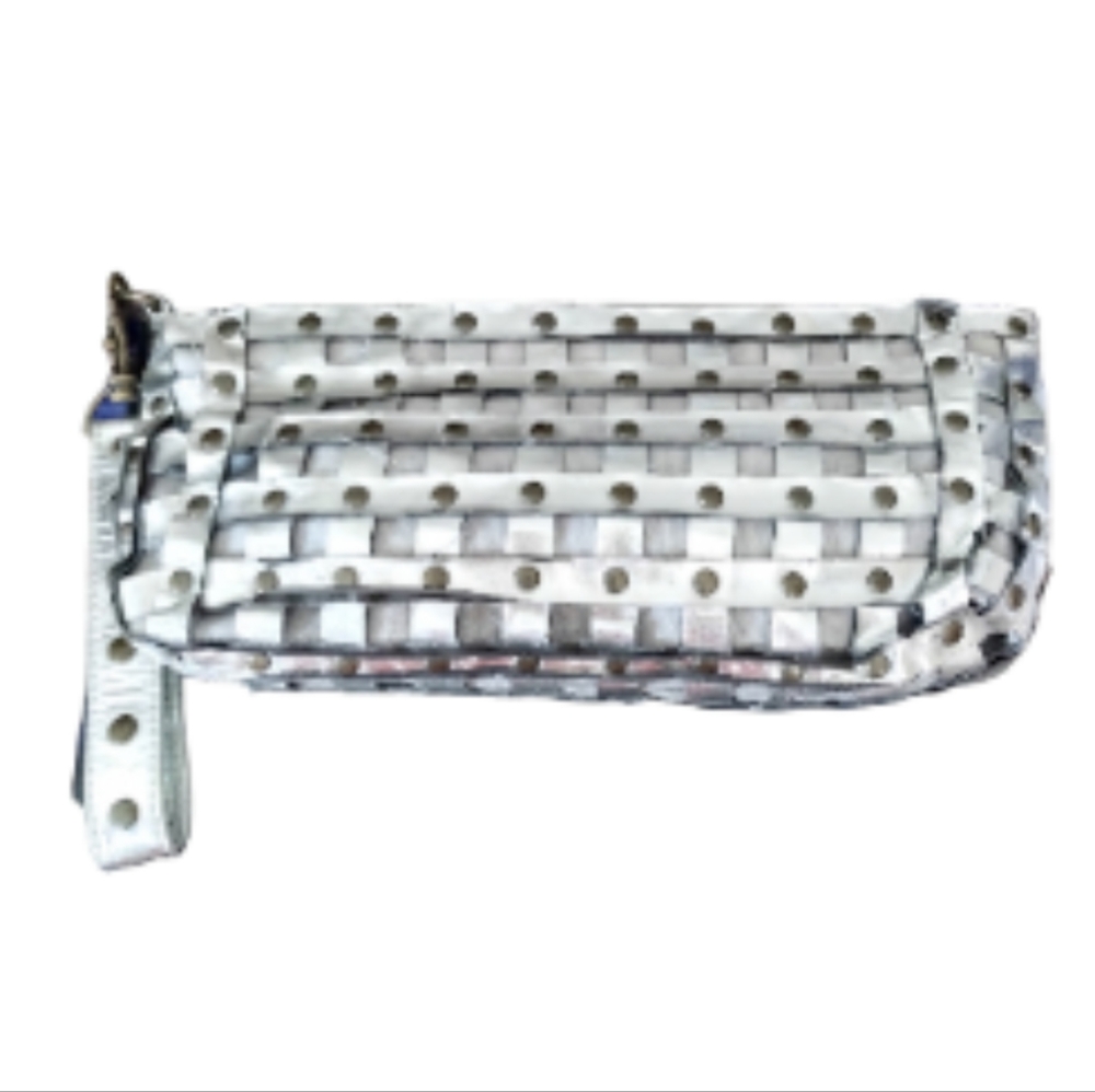 Vintage Y2K Fashion Express Silver Metallic Woven Wristlet w Grommets